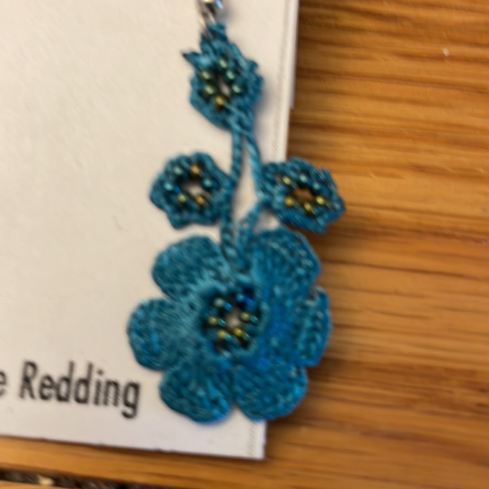 Blue delicately crocheted earrings with small beads. Never worn. - Picture 4 of 6